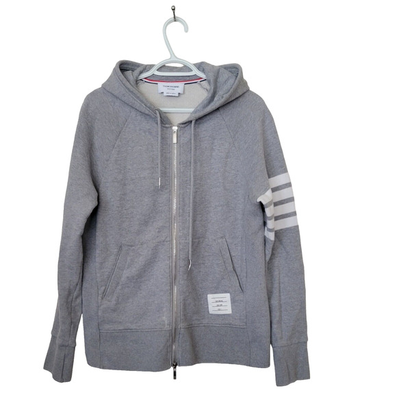 THOM BROWNE ZIP Unisex HOODIE w/ 4Bar Sleeve IN LIGHT GREY Size